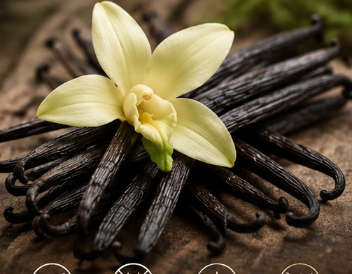 Vanilla orchid flower resting on cured black vanilla beans