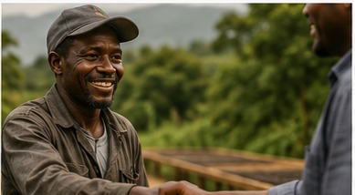 Fair-trade partnership handshake with a Ugandan farmer