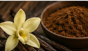 Vanilla orchid flower with cured beans and vanilla powder