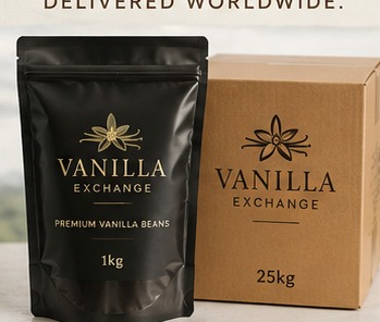 Vanilla Exchange vacuum-packed 1kg pouch and 25kg export carton